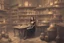 Placeholder: full-height shot of a young witch in a tight black skirt, inside a large magic shop, sitting at a desk, shelving, bottles, windows