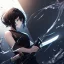 Placeholder: Clear focus,High resolution, black short fluffy hair, long fluffy bangs, and dark blue eyes, Depressed girl, wearing a black short shirt with a black sleeveless crop top, dark aura, controlling water, in a black room, holding a katana