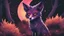 Placeholder: evil looking humanoid fox like creature turning to face you, dark forest background, glowing eyes. staring, , starry night sky, dark rainbow gradient sky