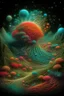 Placeholder: Fabulous composition, cosmic, hyperrealistic, microdetalization, surreal, drawing details, clear outline, color illustration, aesthetically pleasing, stardust, mystical landscape, curved trees, calendula, dark fantasy, monsters, multicolor, detailed, 3d, threads, fibers, bolto, mountains, fantastic pine neurons,ambient clarity,voluminous