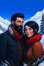 Placeholder: Mountain Christmas scene, dark haired couple, man with short black beard, blue eyes, sketch