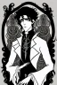 Placeholder: black haired young man necromancer wizard with gothic jewelry and tentacle fingers in the style of Aubrey Beardsley