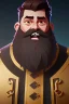 Placeholder: Bearded strong man wearing a thick fur-lined merchant's coat, wearing gold rings, divine, halo, happy smiling, portrait, high definition, realistic, long hair