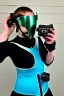 Placeholder: MetCyber-punk style camera-mask. Large fencing mask covers cheeks. Trim girls. Reflective plastic body surface. Camera lenses as eyes. Head full of integrated old-fashioned cameras. Golden to cyan surfaces body. Perfect body, thick thighs and calves. Selfies, old-fashioned cameras, both hands. Wide hip, skirt bleats nicely. Partly symmetrical. Three Cameras hanging on plastic belt. Euclidean 3D-tiling, Escher. Mathematically impossible. Soviet Propaganda style.