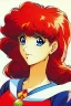 Placeholder: 1girl, retro anime, 80's, redhead,Portrait of beautiful woman, sparkling dark blue eyes,