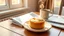 Placeholder: A single delicates cake filled citrone creme on a small ceramic plate on a wooden table. A steaming mug (possibly coffee or tea) and a folded newspaper are also on the table. Natural, warm sunlight streams in from a window on the left, casting pleasant shadows and creating a cozy, relaxed morning atmosphere