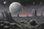 Placeholder: Grey sky with one exoplanet in the horizon, rocks, sci-fi, 2000's sci-fi movies influence, rodolphe wytsman and friedrich eckenfelder impressionism paintings