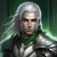 Placeholder: Please create an image for a young elven male with light brown skin, silver hair, and green eyes. He is wearing leather armor