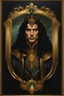 Placeholder: Gold framed painted portrait of a dark haired king with dark eyes, fantasy