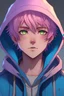 Placeholder: An anime man with messy short pink hair and narrow blue eyes wearing a hooded jacket Realistic.