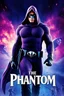 Placeholder: Movie Poster - ((("THE PHANTOM"))), extremely thick, muscular, 6'6'' 18-year-old Billy Zane with extremely exaggerated muscles as the Phantom, long-sleeved, textured, padded purple cotton bodysuit with skintight, formfitting textured purple cotton cowl with ((black eye mask)) and widow peak, black gloves and wrist gauntlets, black boots, double holstered utility belt, skull-shaped belt buckle, glowing, white eyes, captured in a breath-taking explosion of color