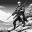 Placeholder: A Terminator as a sniper on a hill in the bush, his long rifle on a rock, ready to fire. Record of Lodoss War style, Linework: Expressive, expressive black ink line art with variable stroke weights. Crisp contours define silhouettes while fine hatching adds subtle depth and form.