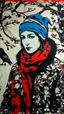 Placeholder: A contemporary serigraphy portrait by Kunisada painted by Matisse of a crow adorned in a punk leather jacket within a snowy Christmas atmosphere.