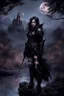 Placeholder: A formidable warrior girl in black armor, against the background of an amazing gloomy landscape, flooded with the light of two moons, mountains, trees, a fabulous scary landscape, juicy emotions, painting, dark fantasy, gloomy day, dark world, portrait, Gothic Town At Night, Fantasy, Intricate Details, Castle Courtyard Gardens, Hyper Detailed, Jean Baptiste Monge, Carne Griffiths, Michael Garmash, Seb Mckinnon, Masterpiece