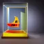 Placeholder: an architectural model of a colorful glass gondola on display in a contemporary art gallery in a bell jar, caustics reflections, symmetrical, pointed arches, frosted glass, muted fall colors, glossy from rain, rayonnant style