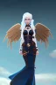 Placeholder: blue sky clouds, blonde steampunk angel in a flowing gown, majestic