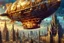 Placeholder: "Imperial Zeppelin" - a steampunk flying zeppeln with many inticate gold filigree, flying over a surrealistic cyberpunk medieval gothic village - ultra high quality, sharp focus, focused, high focus, very sharp, high definition, extremely detailed, hyperrealistic, intricate, fantastic view, very attractive, fantasy, imperial colors, colorful