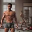 Placeholder: mdjrny-v4 style a gym toned man in tight and wet frenchie briefs,hyper realistic photograph