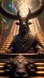 Placeholder: close up portrait of a happy blessed ancient magical king buffalo soldier standing on a throne in a space alien mega structure with stairs and bridges woven into a sacred geometry knitted tapestry in the middle of lush magic forest, bokeh like f/0.8, tilt-shift lens 8k, high detail, smooth render, down-light, unreal engine, prize winning
