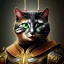 Placeholder: Character design, anthropomorphic cat dressed as a Shaolin, dark, evil, furious, epic, intricate details, finely detailed armor, silver, golden