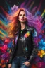 Placeholder: Close up Gorgeous Realistic Photography Super Model European Beautiful young woman,hair colors rainbows as Rocker with clothing abstracts flowers luxury casual leather jacket and levis jeans dressing painting art neons rainbow colors glowing in the dark and colorful details, light leaks boleh colors,flowers background