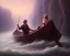 Placeholder: Charon the ferryman in his boat on the river Styx, red black purple colours, 8k, high definition, fantasy art, winding river, sharp jagged rocks, high contrast colours, sharp detail,