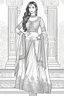 Placeholder: coloring page for adults of fashion model wearing hindi dress, thick and clear lines hair, full body portrait, style clean coloring page for adults, cartoon style, clean line art high detailed, white background, coloring book style, 8k, no-shading, thick lines hair, no-grayscale, lines hair