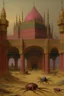 Placeholder: A purplish magenta Egyptian spider palace in a desert painted by John Atkinson Grimshaw