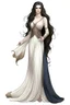 Placeholder: full body portrait of a woman who looks like an elegant, greek goddess; she became mean after a stroke of faith, she is beautiful and has long dark hair, she is beautiful, her patron animal is a unicorn, her stone is an auralith