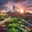Placeholder: Magnificent fantastical garden atop building in Boston at sunset, dramatic sky, dramatic boston skyline, gun glare effect, photorealism, perfect composition, 3d octane render, hd, perfect, stunning verdant garden teeming with vegetables