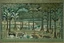 Placeholder: A grayish green kingdom with animals designed in Navajo woven art painted by Claude Monet