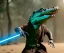 Placeholder: Star wars animation, crocodilian, frills, wide head, samurai robe, holding lightsaber, hands, wrist gauntlets, metal visor