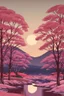 Placeholder: a land scape of Japanese garden, big moon, red sky , surrounded by cherry blossom trees, cel shading