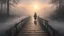 Placeholder: walking straight ahead over a wooden bridge, holding the angel of death with your right hand, entering the fog at the end of the road that leads to the afterlife, a stream from the mountains flows from the right and left, and a beautiful sunset behind the fog, realistic