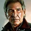 Placeholder: 8K space background with stunning photo realistic detailed head to waist portrait of harrison ford as han solo in star wars with photo realistic short hair by Sergi Cadenas, Sharp focus, brown eyes, weathered skin,space jacket from star wars, cinematic lightning