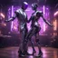 Placeholder: Hyper Realistic Cyberpunk Robotic couple dancing (robotic-man with purple tuxedo & robotic-female with silver gown) with dark rustic cyberpunk background & few electrical-sparks