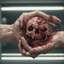 Placeholder: hand gripping brainy object with oozing fluids and rotten flesh, horrifying horror movie scene, realistic, practical effects, shot on film