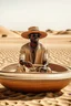 Placeholder: African man wearing hat and sunglasses, rowing small boat in desert sand at a distance