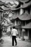 Placeholder: Black & white man walks on road's chinese village with playing light and shadow as ho fan style