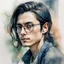 Placeholder: watercolour, large strokes, stylistic, portrait, illustration, dull colours, young, 20-something male, long black hair falling down the torso, brown eyes, has a certain aura of confidence,sharp facial features, slick angular glasses.