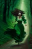 Placeholder: a beautiful woman, in a green velvet dress with a sheath, running down a wooded road, while death chases her and tries to suck her into hell