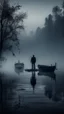 Placeholder: A mysterious man in black standing by the foggy lake black vein, human veins, mixing together a lot of them, like a forest, big and small veins a lot of them. A mist, show a small boat in a man in dark is coming in dark foggy distance and another man is standing
