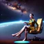 Placeholder: centered portrait of female soldier sitting on small chair, wearing no helmet, by a starship window with a view to the milky way