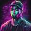 Placeholder: Hyper Realistic Glitched Sketch of Muscular Handsome Male Hip Hop Artist on a neon paper with dark futuristic background