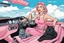 Placeholder: Woman in pink sedan sport car wearing a pink top and silver jewelry next a black cat sitting in car, cartoon, nice, harmony mood, blue sky, background landscape