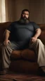 Placeholder: photorealistic, photography, full figure shot, an hairy men sleeping over an old sofa, hands behind the neck, Realistic photography, well defined facial features, strong muscular chubby sweat dirty arab, ugly , 43 years old , open legs, manly chest, big shoulders, manly torso, long beard, dirty ripped tracksuit , very dark living room, dim light, ambient occlusion, view angle from below, frontal view from the ground