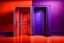 Placeholder: Generate a landspace view of doors one next to the other separated by a space in between that symbolises bias and decision-making. It should be slightly abstract and in tones of purple and orange, global light. No letters or numbers.