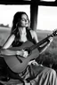 Placeholder: beautiful woman playing acoustic guitar in mid west blck and white old photto