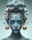 Placeholder: head and shoulders portrait of a woman with planets on her head, long blue hair, face paint, jester hat, Takato Yamamoto artist, Akiya Kageichi artist, Jedediah Berry inspired, 8k resolution concept art portrait, dynamic lighting, hyperdetailed, intricately detailed, maximalist, beautiful, peaceful