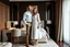 Placeholder: very beautiful lady with beautiful midi skirt and blouse standing next to her boy friend in a luxury bedroom with high heels next to makeup desk looking to camera